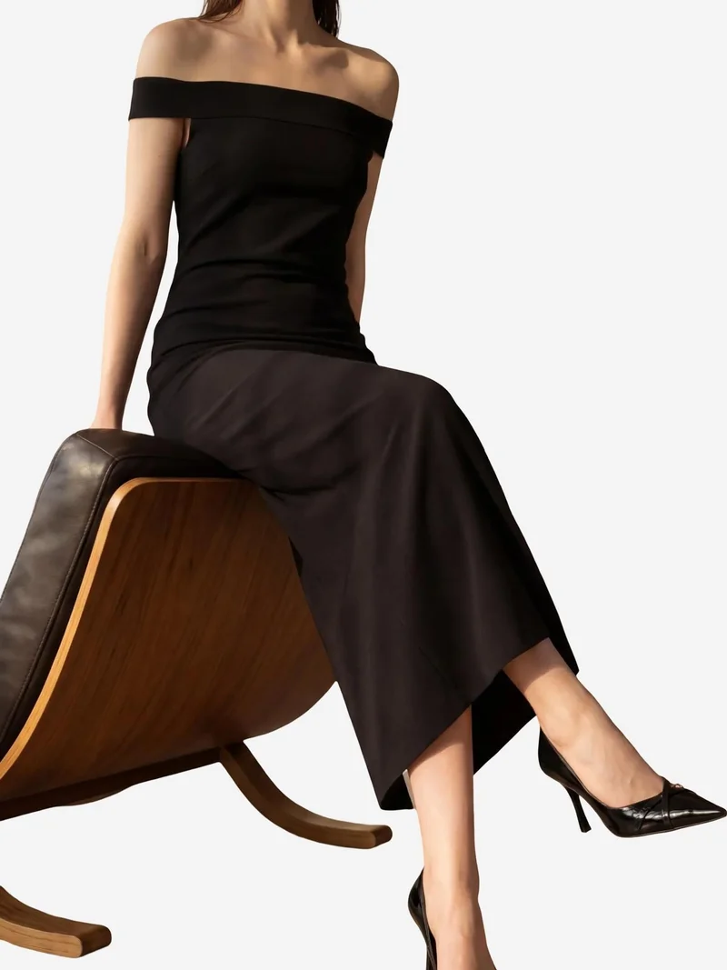 MY FASHION Black MY FASHION Off Shoulder Bodycon Maxi Dress with Slit for Women | Best Price UAE